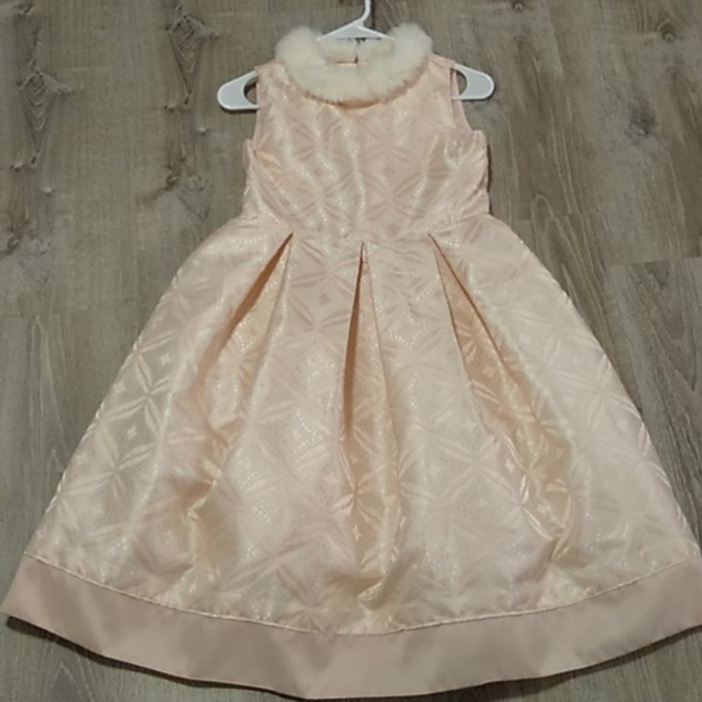 Janie & Jack pink formal dress faux fur collar 12 GUC